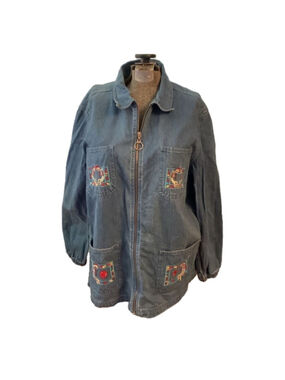 Womens Embroidered lightweight jean jacket Passion-I blue red